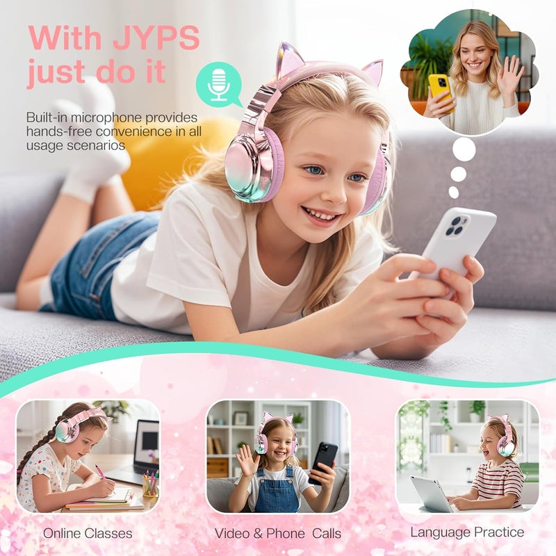 جي واي بي اس سماعات JYPS اللاسلكية للأطفال، تصميم جميل مع لمسة معدنية، تقنية Bluetooth 5.3، مستويات صوت آمنة تتراوح بين 75/85/94 ديسيبل، وقت تشغيل يصل إلى 60 ساعة، صوت استريووي، سماعات للأطفال بتصميم يغطي الأذنين من نوع Type-C، مناسبة لأجهزة iPad/Kindle/Tablet. - Image 5