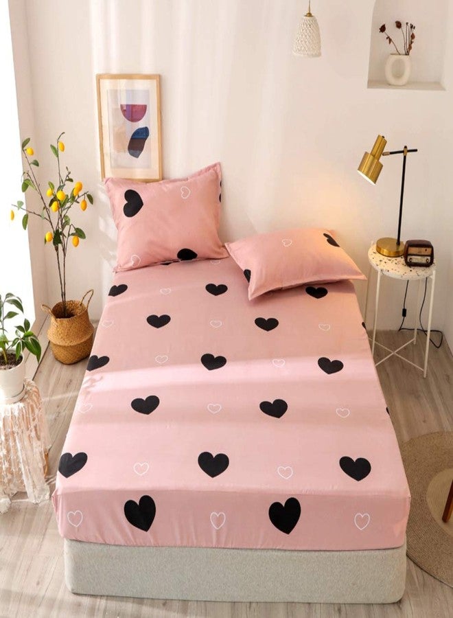Feelyou Girls Cute Heart Pattern Fitted Sheet for Kids Twin Size Lovely Pink Black Bedroom Decor Bed Sheet Set Girly Cartoon Love Geometric Bedding Set Children Modern Design Bed Cover with 1 Pillow Case - Image 1