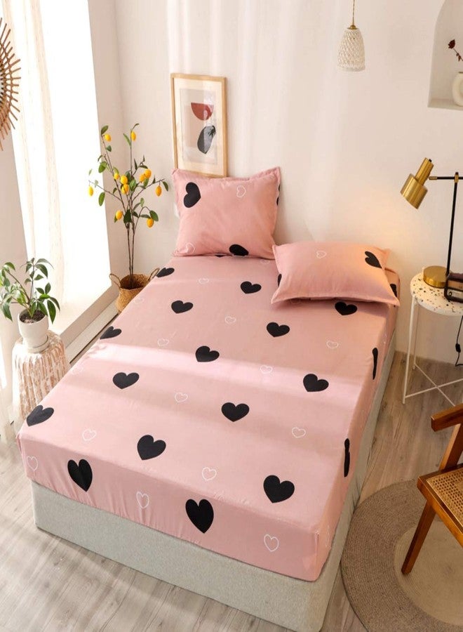 Feelyou Girls Cute Heart Pattern Fitted Sheet for Kids Twin Size Lovely Pink Black Bedroom Decor Bed Sheet Set Girly Cartoon Love Geometric Bedding Set Children Modern Design Bed Cover with 1 Pillow Case - Image 2
