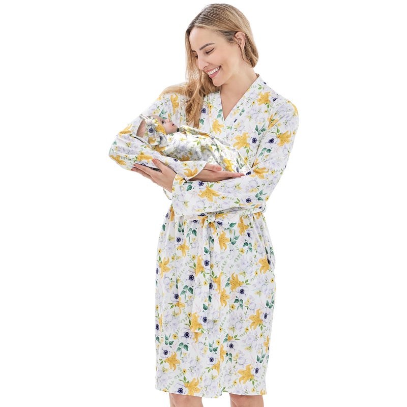 V.&GRIN Mommy and Me Robe and Swaddle Set, Maternity Robe and Matching Baby Blanket | Hospital Outfits Labor Delivery(Yellow FlowerL/XL) - Image 1