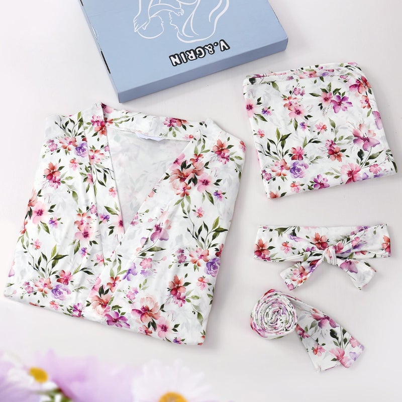 V.&GRIN Mommy and Me Robe and Swaddle Set, Maternity Robe and Matching Baby Blanket | Hospital Outfits Labor Delivery(Yellow FlowerL/XL) - Image 3