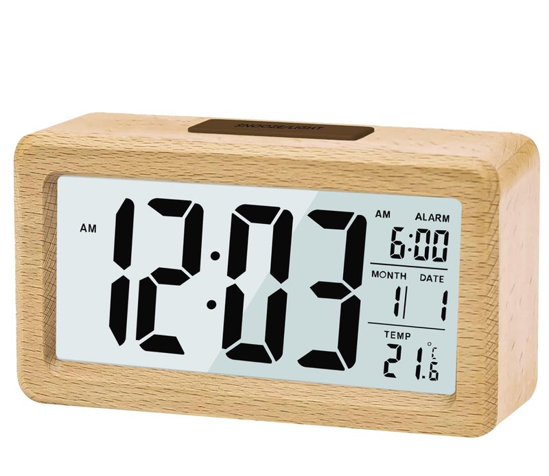 Kadio Digital Wooden Color Alarm Clock, LED Digital Clock Without Ticking with Date Display, Temperature, Snooze Function, for Bedroom, Bedside, Office, Battery Powered - Image 1