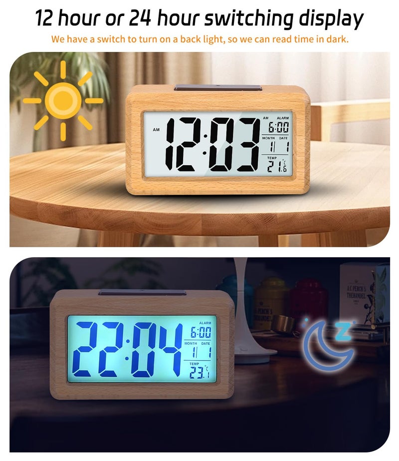 Kadio Digital Wooden Color Alarm Clock, LED Digital Clock Without Ticking with Date Display, Temperature, Snooze Function, for Bedroom, Bedside, Office, Battery Powered - Image 4