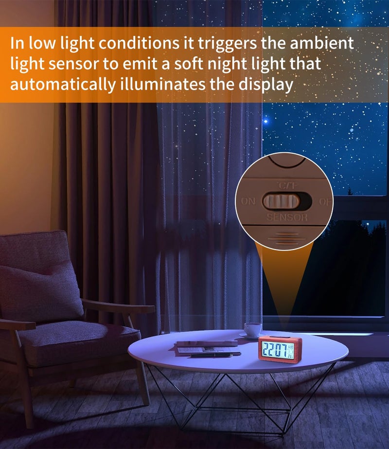 Kadio Digital Wooden Color Alarm Clock, LED Digital Clock Without Ticking with Date Display, Temperature, Snooze Function, for Bedroom, Bedside, Office, Battery Powered - Image 5