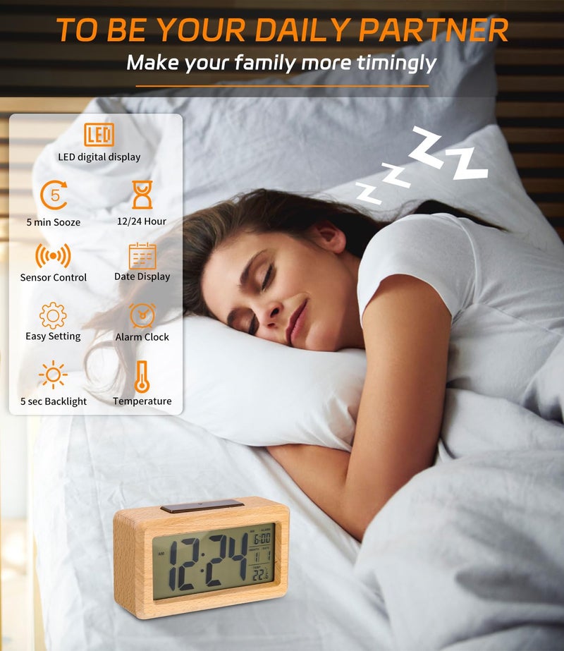Kadio Digital Wooden Color Alarm Clock, LED Digital Clock Without Ticking with Date Display, Temperature, Snooze Function, for Bedroom, Bedside, Office, Battery Powered - Image 3