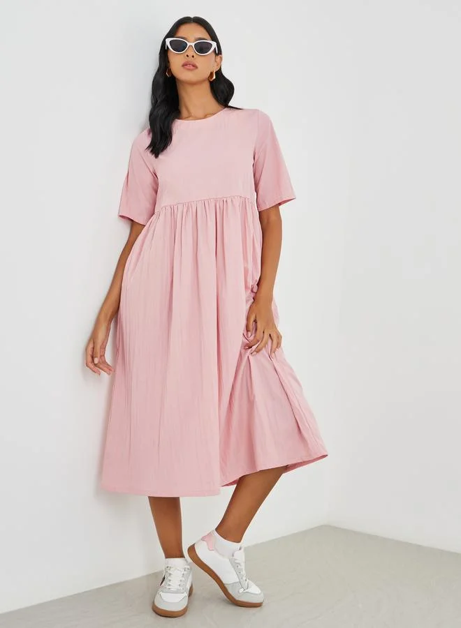 Take Two Take Two Solid Short Sleeve Round Neck A-Line Midi Dress