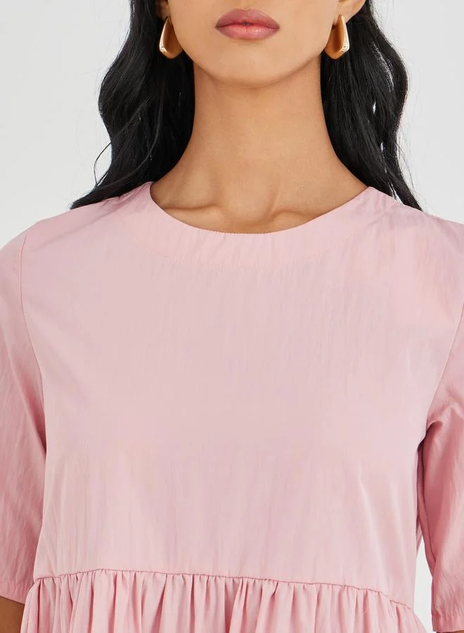 Take Two Take Two Solid Short Sleeve Round Neck A-Line Midi Dress