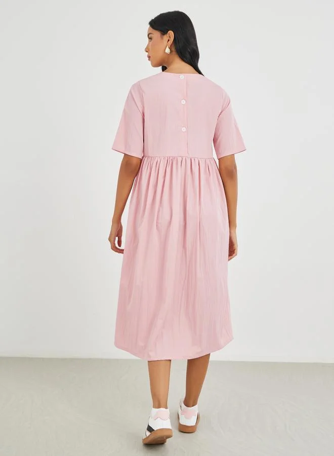 Take Two Take Two Solid Short Sleeve Round Neck A-Line Midi Dress