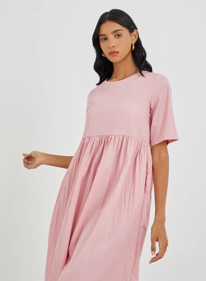 Take Two Take Two Solid Short Sleeve Round Neck A-Line Midi Dress
