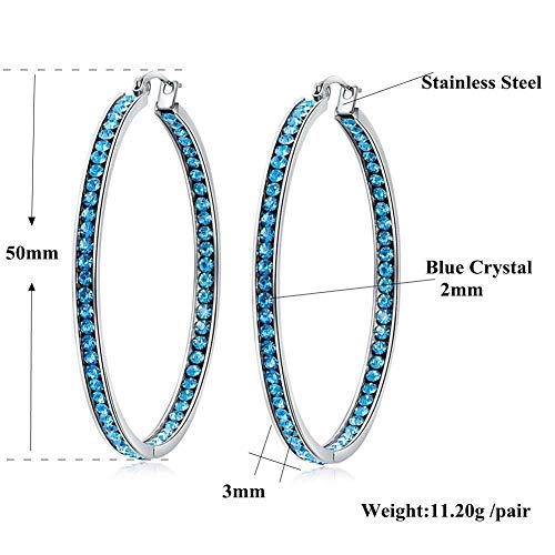 CiNily Earring Hoops-Large Hoops Stainless Steel Hoop Earrings for Women Blue Cubic Zirconia Big Hoop Earrings 2" - Image 2