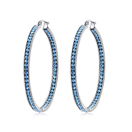 CiNily Earring Hoops-Large Hoops Stainless Steel Hoop Earrings for Women Blue Cubic Zirconia Big Hoop Earrings 2" - Image 1