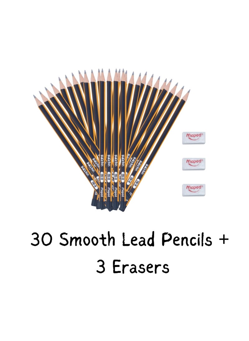 Maped - Maped 2B Pencil Set of 3 X 10pcs Writing Pencils30 2B Graphite Pencils 3 Erasers free inside Soft and Extra Dark Triangular Shape for Easy Grip Fine Wood pencils Graphite Pencils - Image 1