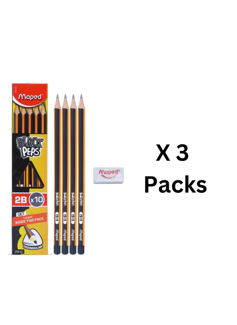 Maped - Maped 2B Pencil Set of 3 X 10pcs Writing Pencils30 2B Graphite Pencils 3 Erasers free inside Soft and Extra Dark Triangular Shape for Easy Grip Fine Wood pencils Graphite Pencils - Image 1