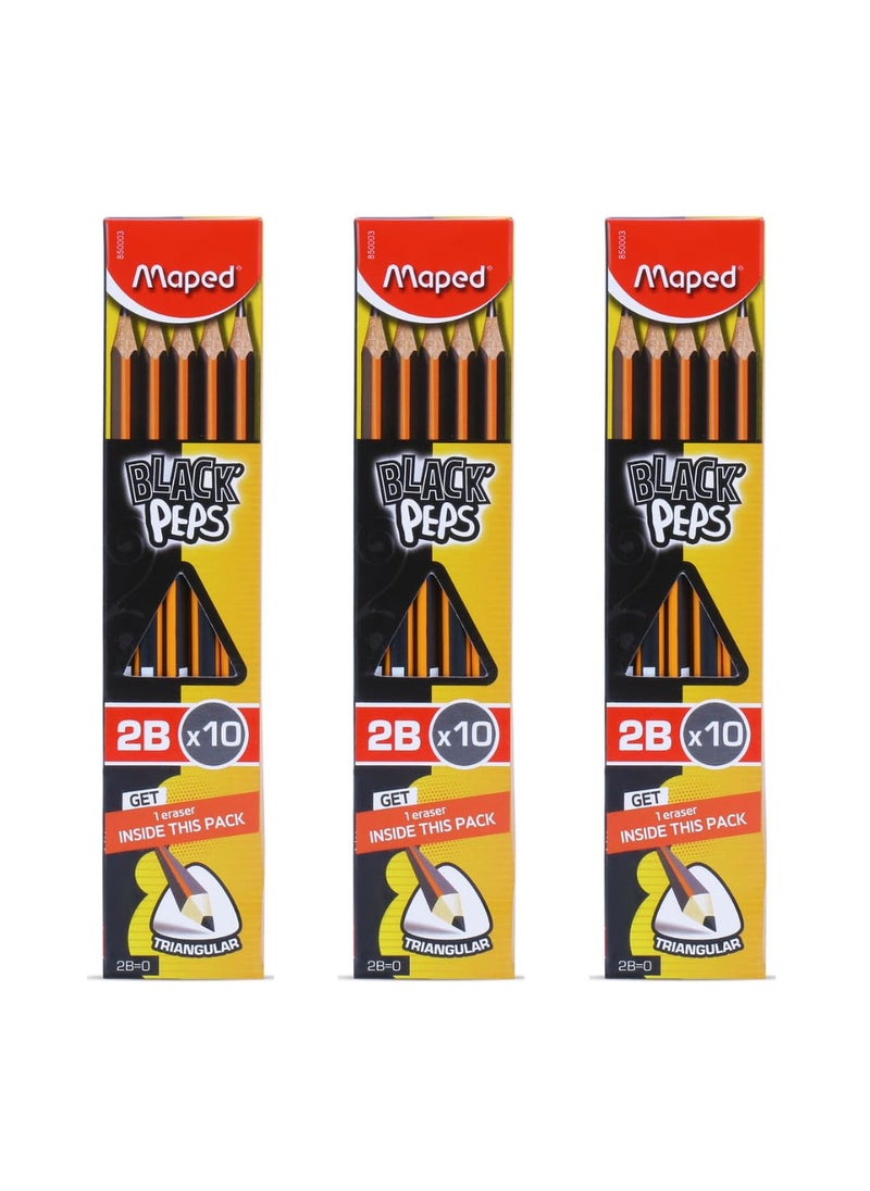 Maped - Maped 2B Pencil Set of 3 X 10pcs Writing Pencils30 2B Graphite Pencils 3 Erasers free inside Soft and Extra Dark Triangular Shape for Easy Grip Fine Wood pencils Graphite Pencils - Image 1