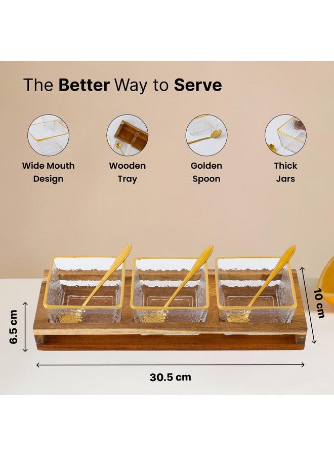 The Better Home Platters Serving Set for Snacks with Wooden Tray,Spoon & 3Jars (180ml Each) | Premium Soda Lime Glass | Snacks Serving Bowls with Tray - Image 4