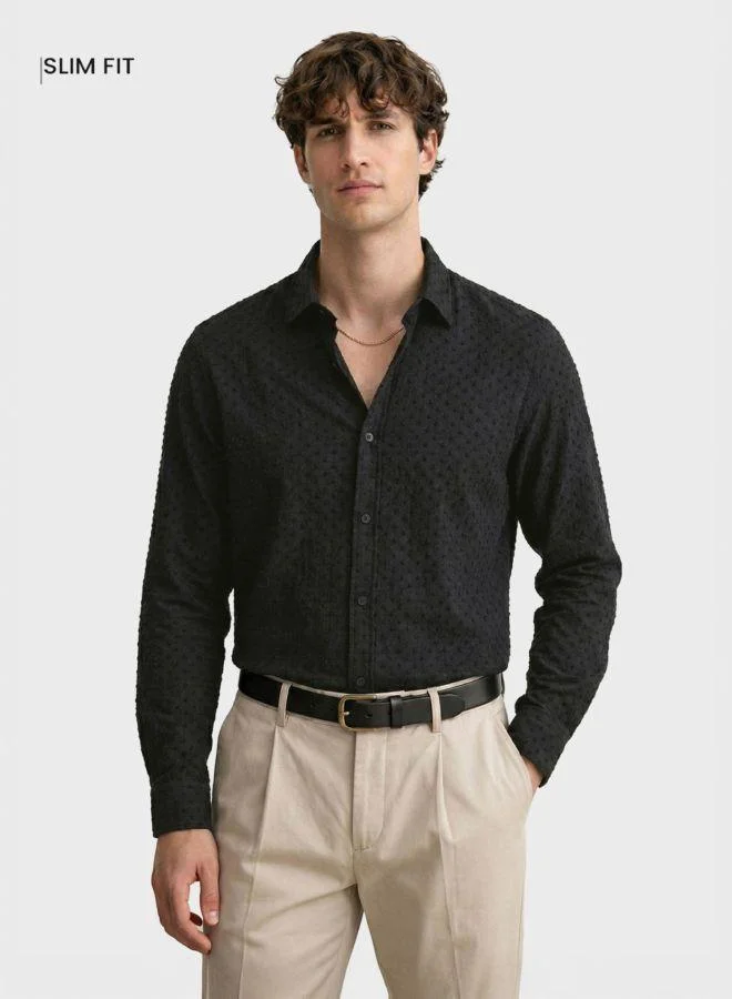 The Indian Garage Co Men Slim Fit Textured Round Neck Full Sleeves Shirt