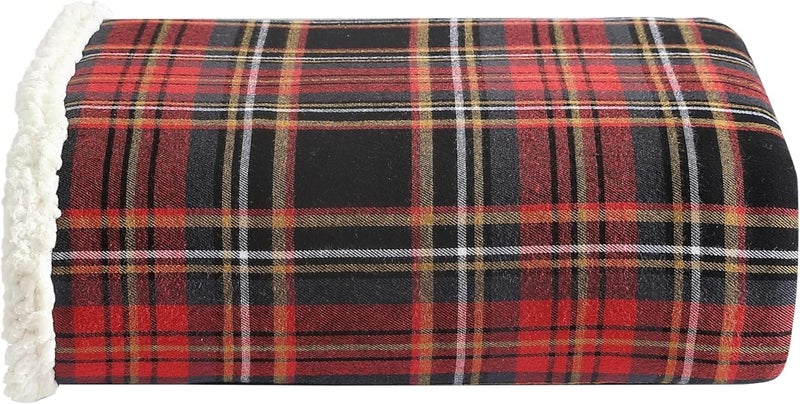 Eddie Bauer - Throw Blanket, Cotton Flannel Home Decor, All Season Reversible Sherpa Bedding (Mountain Tartan Red, Throw) - Image 1