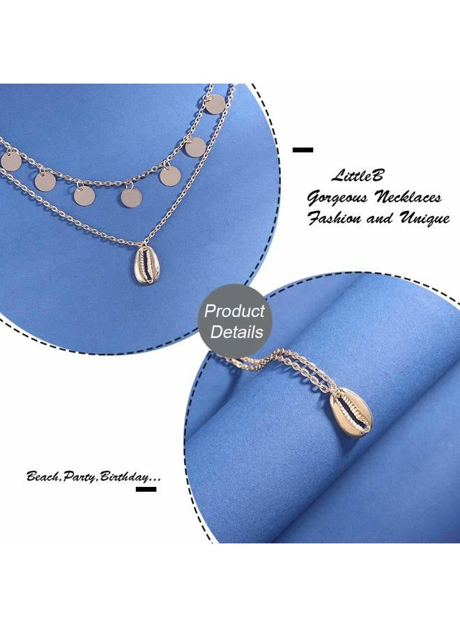 LittleB Boho Layered Shell Pendant Necklace Gold Sequins Necklaces Chain Jewellery for Women and Girls - Image 2