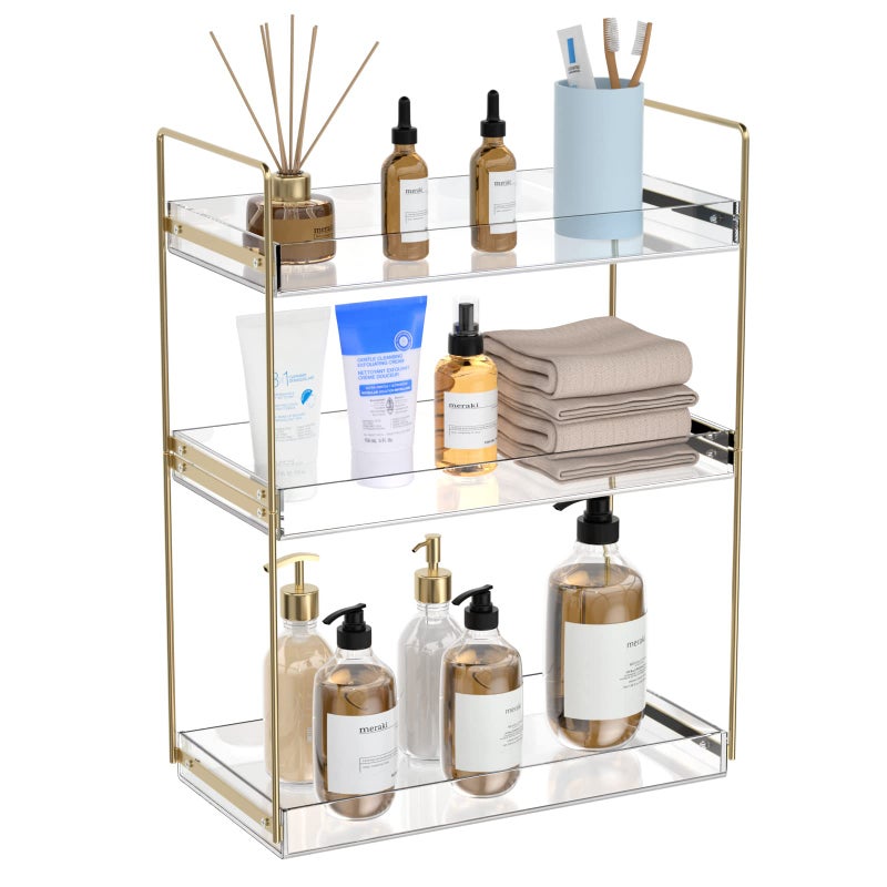 NPPLUS Bathroom Countertop Organizer 3 Tier Acrylic Tray Vanity Counter Skincare Organizer Shelf Kitchen Under Sink Standing Rack Home Storage Holder for Lotion Makeup Cosmetics Perfume Spice Gold