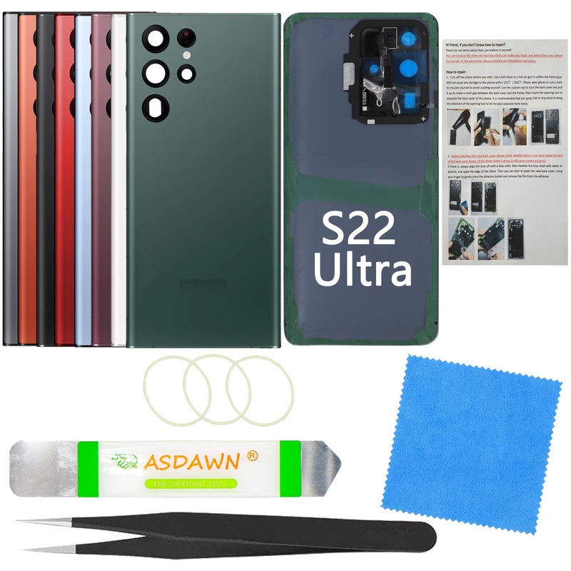 ASDAWN Galaxy S22 Ultra Replacement Back Glass Panel Case with Installation Manual PreInstalled Camera Lens Repair Tool Kit for Samsung Galaxy S22 Ultra 5G SMS908 All Carriers Green - Image 2