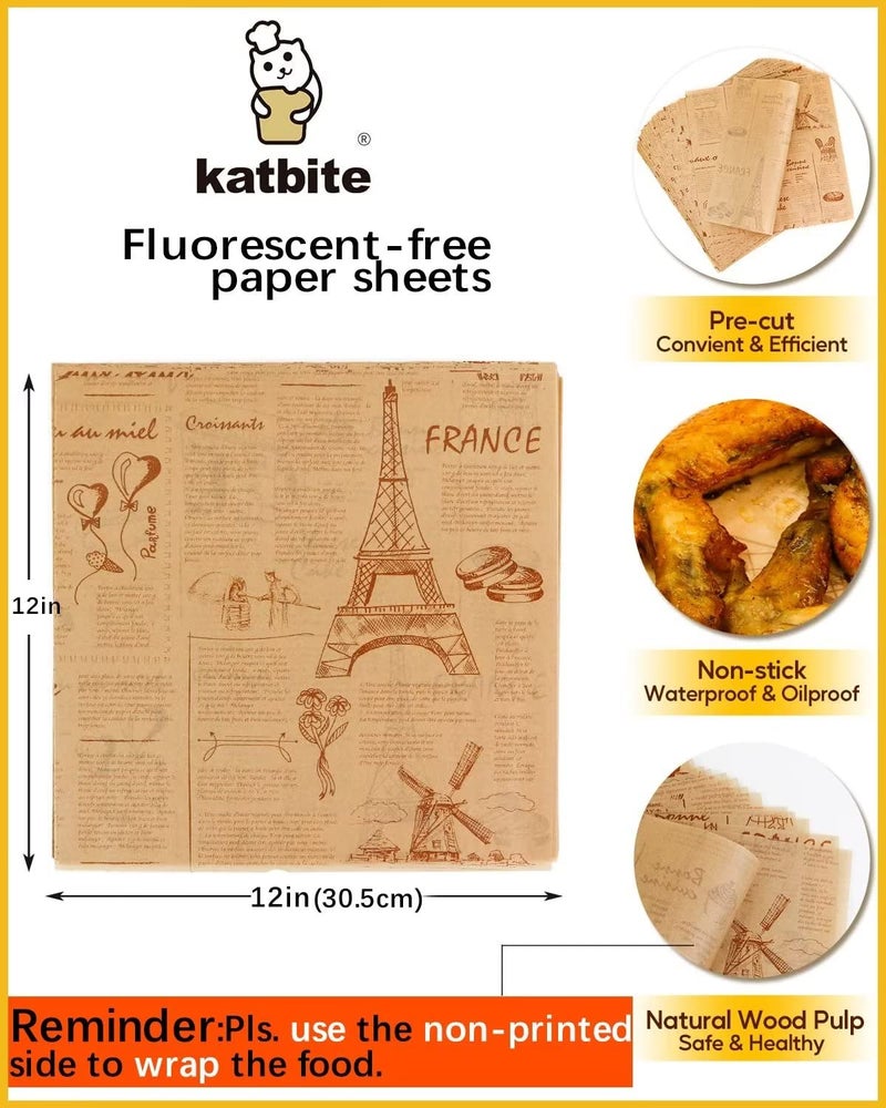 Katbite 100 Pcs Sandwich Wrapping Paper, 12x12 inch Food Basket Liners, Grease Proof & Non-stick Baking Parchment Paper - Image 2