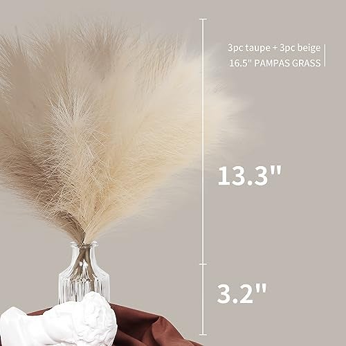 ZIFTY Faux Pampas Grass Decor 6-Pcs 17" Fluffy Artificial Pompous Grass Short Pompas Boho Decor Fake Flower Bulrush Reed Grass for Vase Filler Farmhouse Home Wedding Fall Decorations(Beige&Taupe) - Image 2