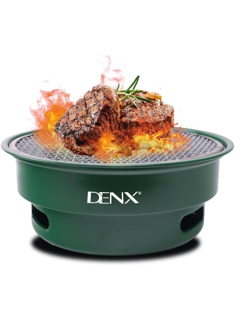 DENX Charcoal Barbecue Grill DX2812 – Portable Outdoor Round BBQ Grill with Non-Stick Surface, Removable Grease Tray, Compact Travel Grill for Camping, Picnic, Garden & Balcony Cooking – Green - Image 1