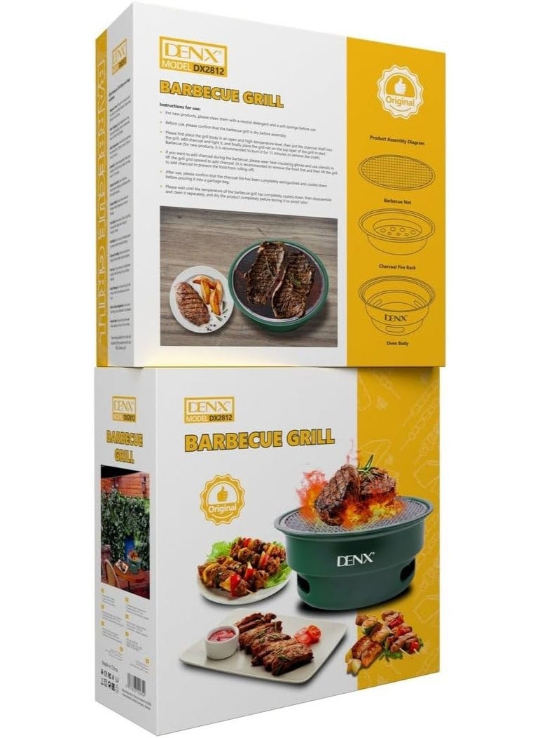 DENX Charcoal Barbecue Grill DX2812 – Portable Outdoor Round BBQ Grill with Non-Stick Surface, Removable Grease Tray, Compact Travel Grill for Camping, Picnic, Garden & Balcony Cooking – Green - Image 4