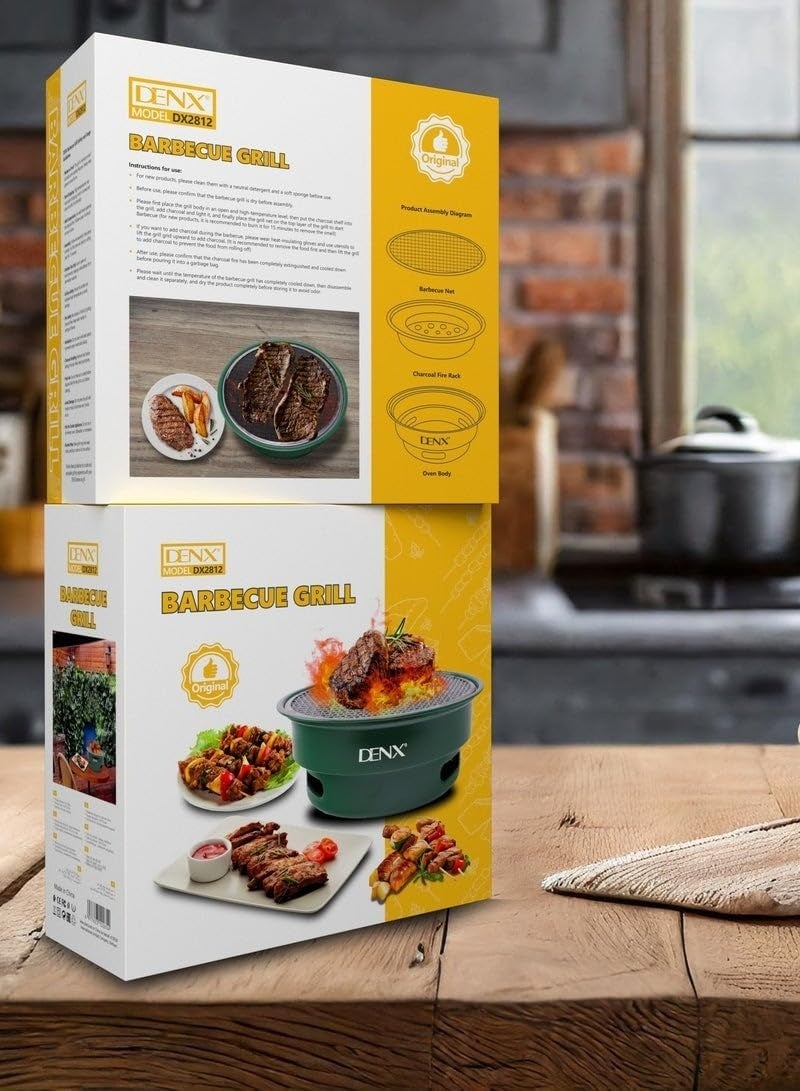 DENX Charcoal Barbecue Grill DX2812 – Portable Outdoor Round BBQ Grill with Non-Stick Surface, Removable Grease Tray, Compact Travel Grill for Camping, Picnic, Garden & Balcony Cooking – Green - Image 5