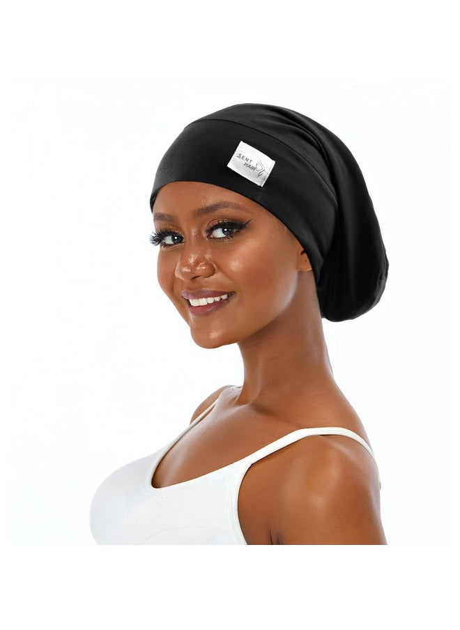sent hair Satin Lined Bonnet For Women Hair Cover Bonnet Adjustable Slouchy Beanie For Night Sleeping Slap Cap For Long Curly Hairbraidsdreadlocks(Black)  - Image 1