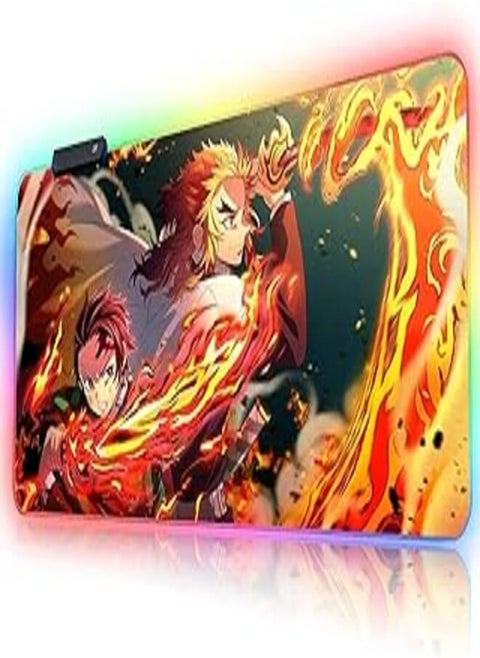 RGB Anime Tanjiro and Rengoku Sword Custom Mouse Pad with LED Light Edges and Non-Slip Rubber Base, 31.5X15.7 Inch - Multi Color