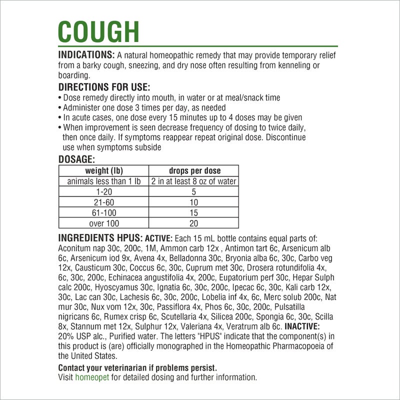 HomeoPet Cough, Gentle Natural Cough Medicine for Dogs, Cats, and Small Pets, Cat and Dog Cough Medicine, 15 Milliliters - Image 3
