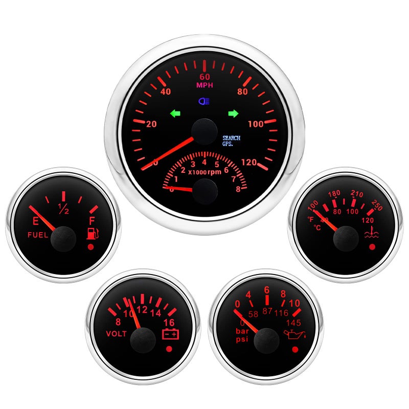 مجموعة عدادات ARTILAURA 5 338 85mm عداد سرعة GPS مع عداد دورات المحرك 2116 عداد مستوى الوقود عداد درجة حرارة الماء عداد ضغط الزيت مجموعة عدادات جهد للقوارب للسيارات والقوارب البحرية باللون الأسود