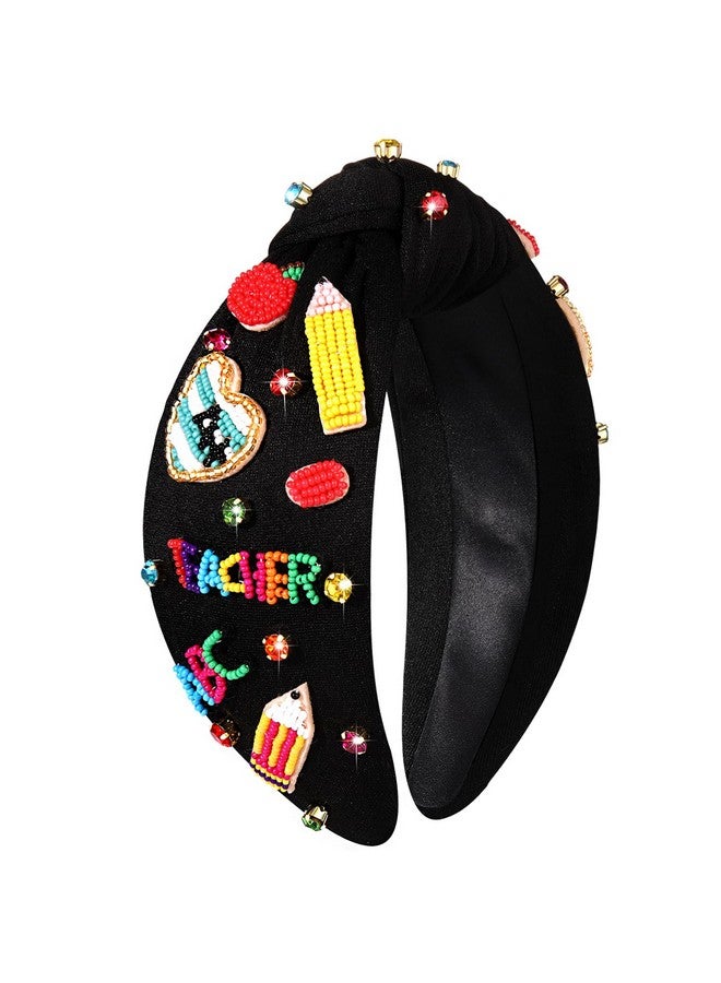 CEALXHENY Teacher Headband Teacher Accessories Crystal Pearl Knotted Headband For Women Cute Book Pencil Teach Charms Embellished Jeweled Top Knot Headband Teacher Appreciation Gifts (Pattern K) - Image 1