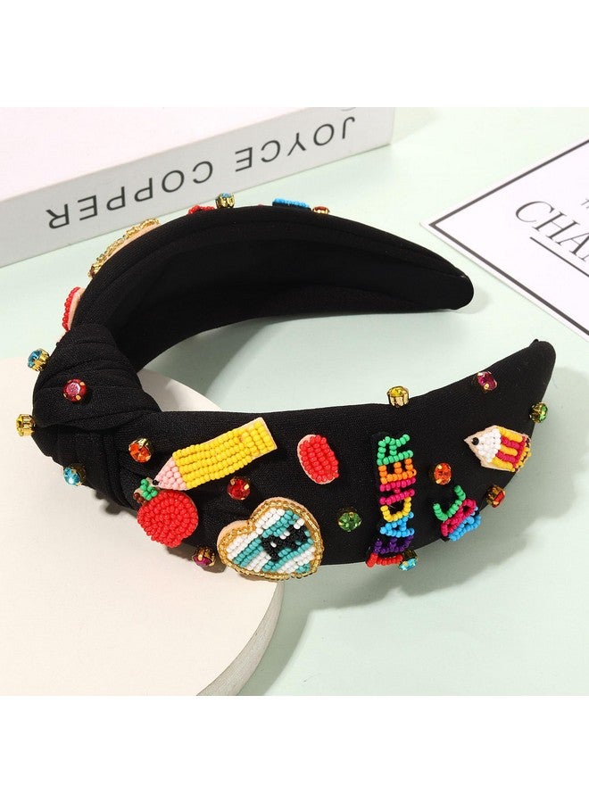 CEALXHENY Teacher Headband Teacher Accessories Crystal Pearl Knotted Headband For Women Cute Book Pencil Teach Charms Embellished Jeweled Top Knot Headband Teacher Appreciation Gifts (Pattern K) - Image 2