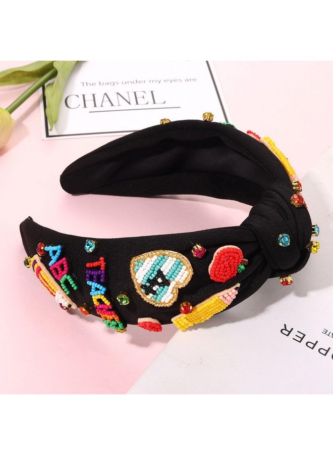 CEALXHENY Teacher Headband Teacher Accessories Crystal Pearl Knotted Headband For Women Cute Book Pencil Teach Charms Embellished Jeweled Top Knot Headband Teacher Appreciation Gifts (Pattern K) - Image 4