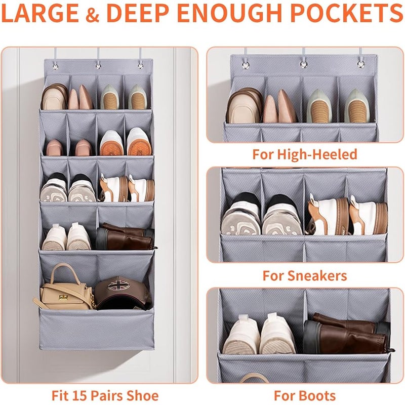 FENTEC Over-the-Door-Shoe-Organizers, Hanging Shoe Organizers with Large Pocket Shoe Holder Hanging Shoe Rack for Closet Shoe Organizer for Wall, Over Door Organizer with 15 Pockets Gery, 1 Pack - Image 4