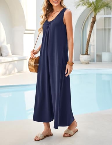 MEROKEETY Women's Summer Boho Maxi Dress 2026 Ruched Beach Vacation Sundresses Sleeveless Loose Tank Dress, Navy, Medium - Image 2
