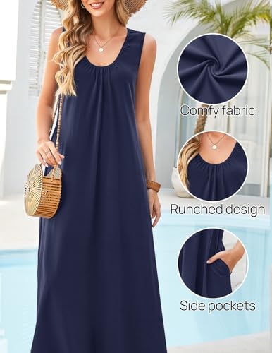MEROKEETY Women's Summer Boho Maxi Dress 2026 Ruched Beach Vacation Sundresses Sleeveless Loose Tank Dress, Navy, Medium - Image 5