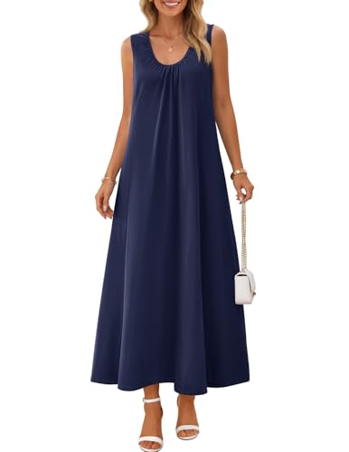 MEROKEETY Women's Summer Boho Maxi Dress 2026 Ruched Beach Vacation Sundresses Sleeveless Loose Tank Dress, Navy, Medium - Image 1