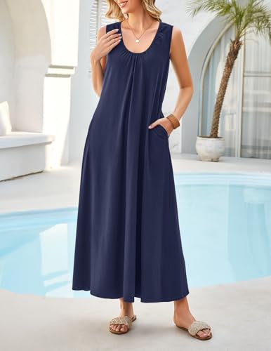 MEROKEETY Women's Summer Boho Maxi Dress 2026 Ruched Beach Vacation Sundresses Sleeveless Loose Tank Dress, Navy, Medium - Image 4