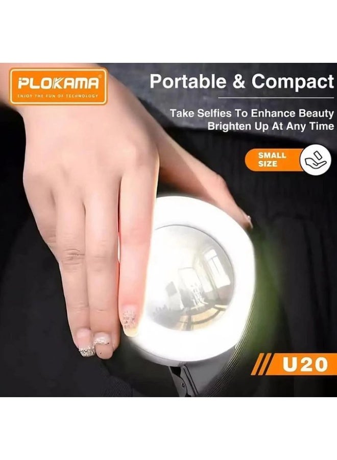 التخطيط مصباح رينج لايت U20 سيلفي LED قابل لإعادة الشحن للجوال – 3 ألوان ضوء و6 مستويات سطوع – دوران 180° – تشغيل حتى 180 دقيقة - Image 3