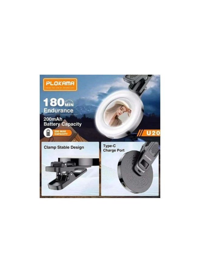 التخطيط مصباح رينج لايت U20 سيلفي LED قابل لإعادة الشحن للجوال – 3 ألوان ضوء و6 مستويات سطوع – دوران 180° – تشغيل حتى 180 دقيقة - Image 4