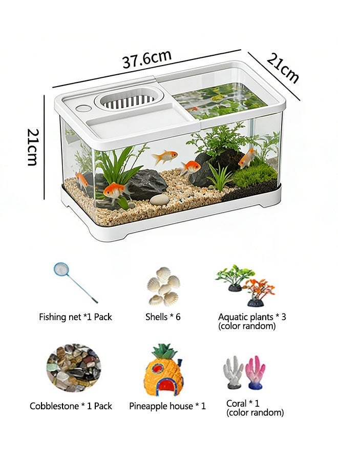 طقم حوض سمك بيئي فائق الوضوح بدقة ، حوض سمك بزاوية رؤية 360 درجة مزود بنظام ترشيح ومصباح نمو LED، حوض أسماك زينة طاولة مزود بفتحة زرع، مناسب لديكور أحواض السمك في المنزل والمتجر والمكتب (حجم متوسط) - Image 3