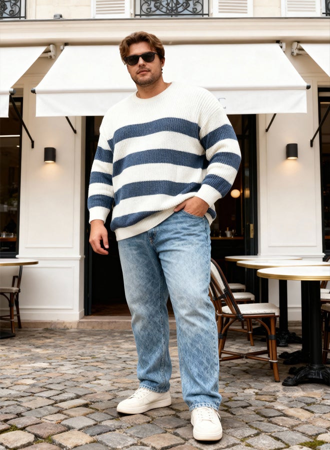 trendyol Indigo Regular/Normal Cut Striped Large Size Sweater - Image 1