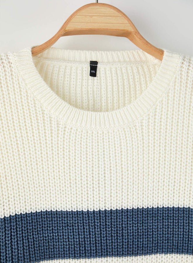 trendyol Indigo Regular/Normal Cut Striped Large Size Sweater - Image 3