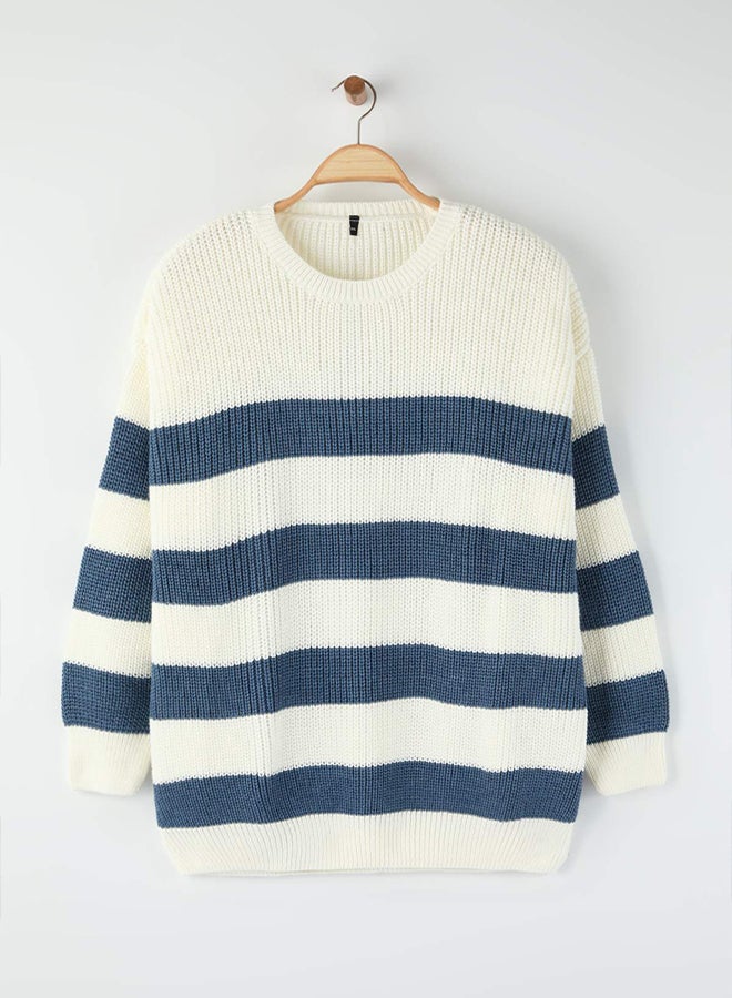 trendyol Indigo Regular/Normal Cut Striped Large Size Sweater - Image 2