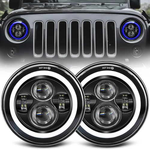 ZIMABLUE 7 inch Led Headlights Round Blue Halo led H6024 Headlight With Hi/Lo Beam DRL Amber Turn Signal Compatible With Jeep Wrangler JK TJ CJ LJ Compatible With Chevy Ford GMC Dodge&Mazda ect - Image 1
