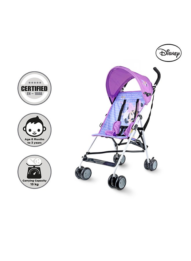 Disney عربة أطفال خفيفة الوزن من ديزني ميني ماوس – قابلة للطي بشكل مضغوط، مظلة شمسية، حزام كتف، تصميم تهوية، عربة محمولة للأطفال من 6-36 شهر، سهلة الطي، - بنفسجي - Image 2