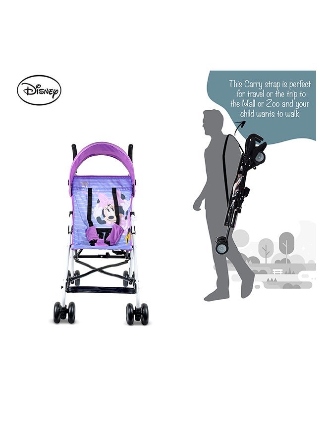 Disney عربة أطفال خفيفة الوزن من ديزني ميني ماوس – قابلة للطي بشكل مضغوط، مظلة شمسية، حزام كتف، تصميم تهوية، عربة محمولة للأطفال من 6-36 شهر، سهلة الطي، - بنفسجي - Image 3
